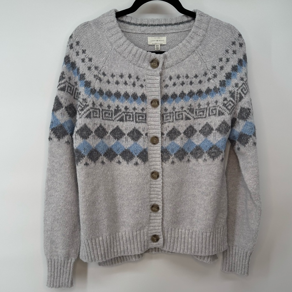 Lucky Brand Gray and Blue Patterned Cardigan